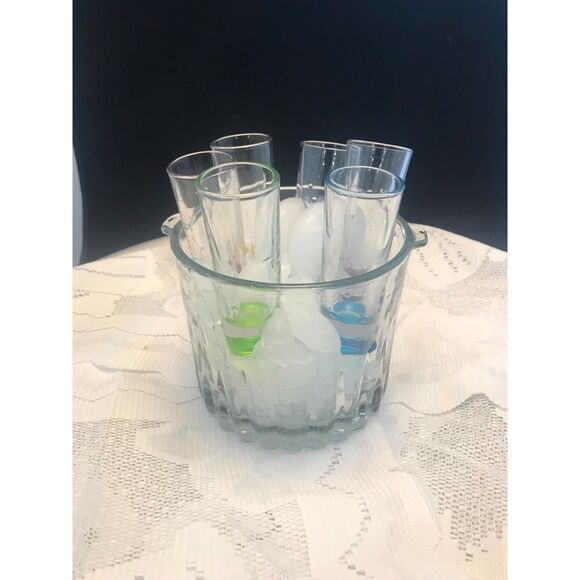 Crisa Kristalino Glass Ice Bucket and 6 Colored Shot Gasses - Picture 2 of 4